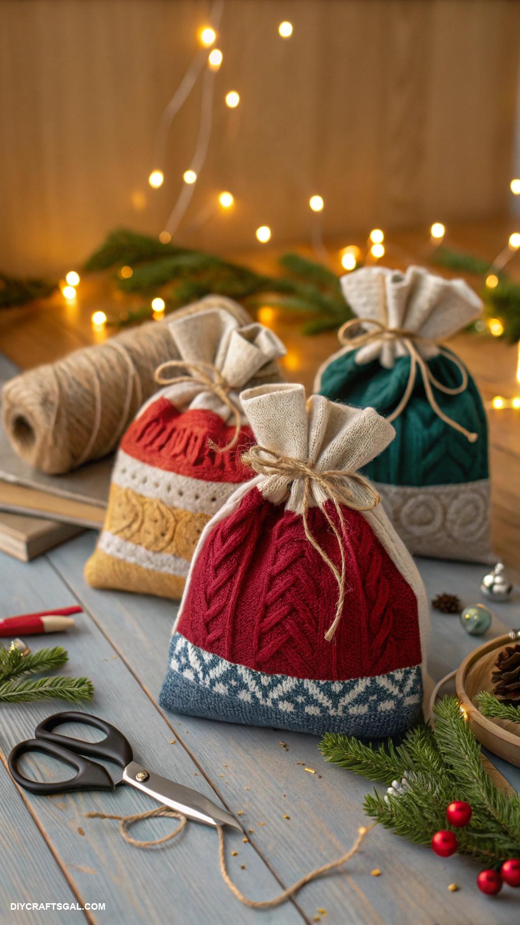 easy christmas crafts for adults Upcycled sweater gift bags