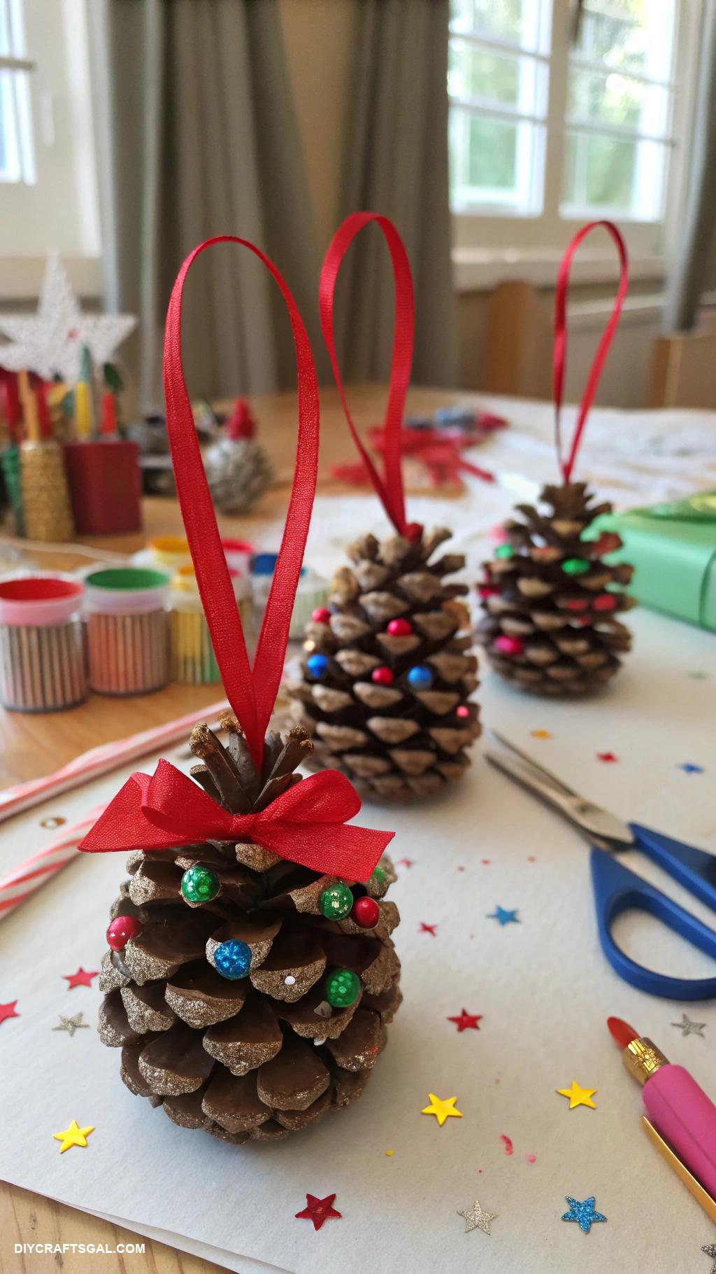 easy christmas crafts for kids Pinecone Christmas tree ornaments