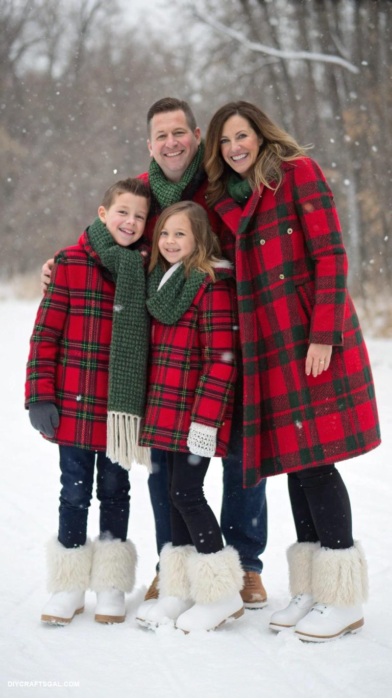 family christmas card outfit ideas Matching coats and boots for winter vibes