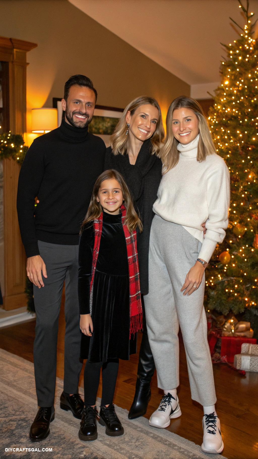 family christmas card outfit ideas Monochrome outfits with contrasting scarves