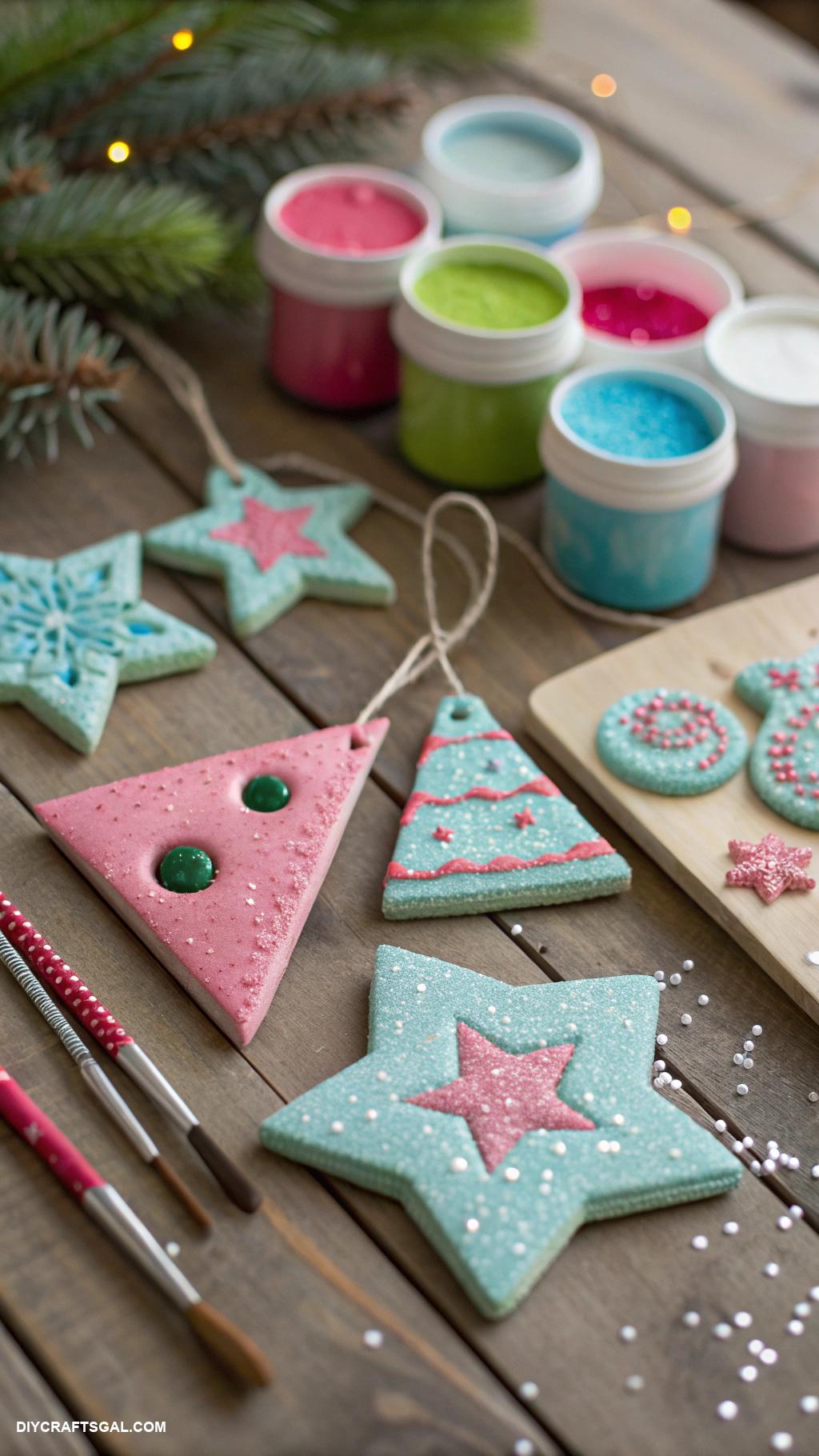 salt dough christmas ornaments Colorful geometric shapes with sequins