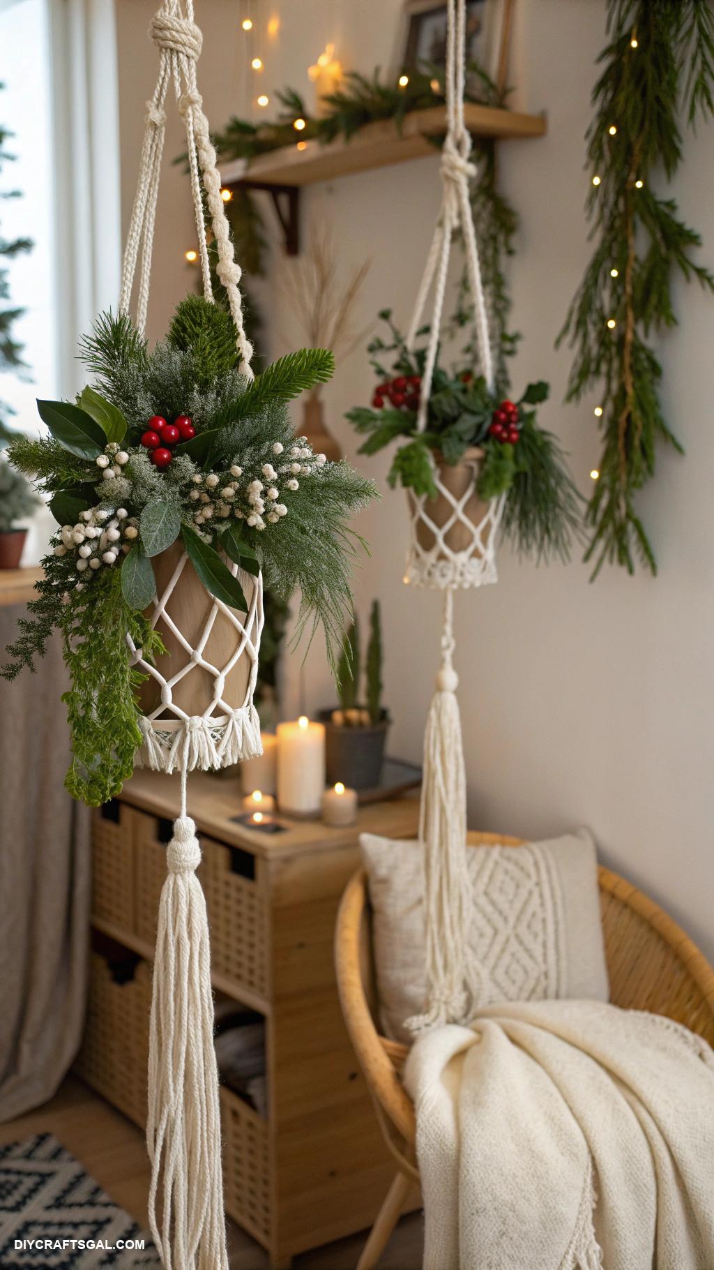 winter crafts for adults Macramy plant hangers with winter greenery