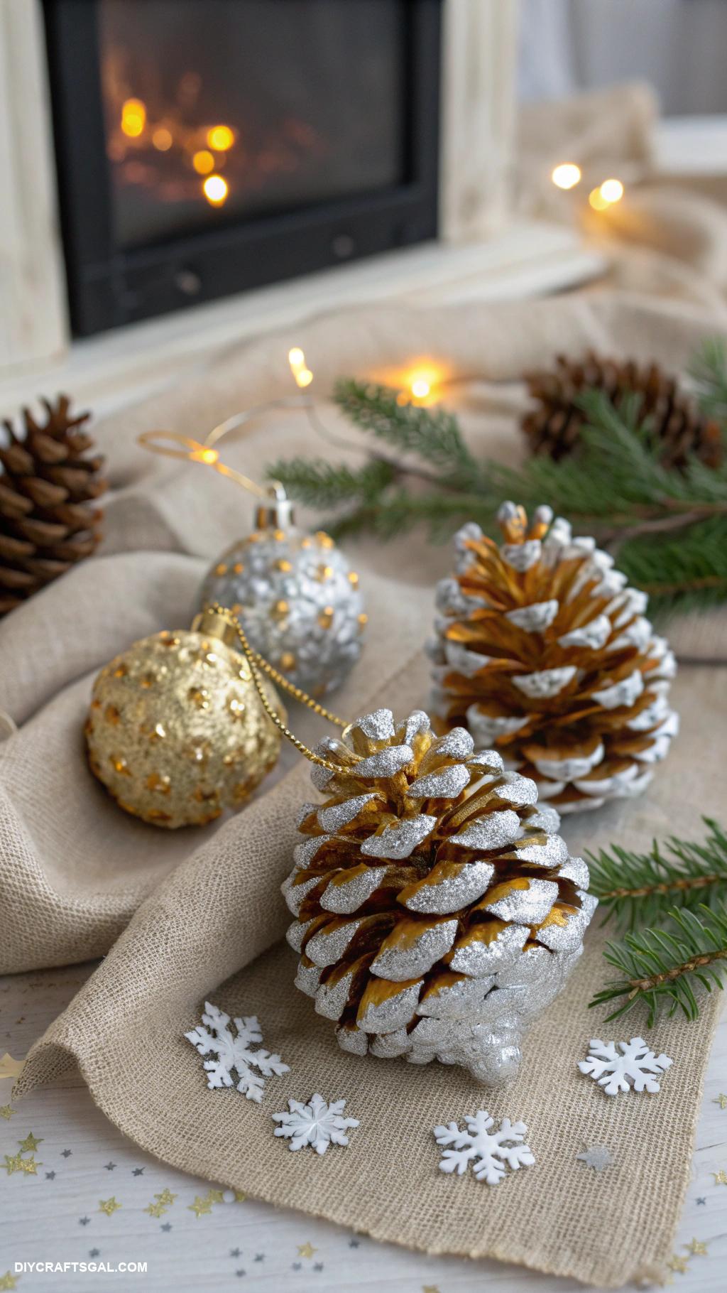winter crafts for adults Pinecone ornaments with metallic paint accents
