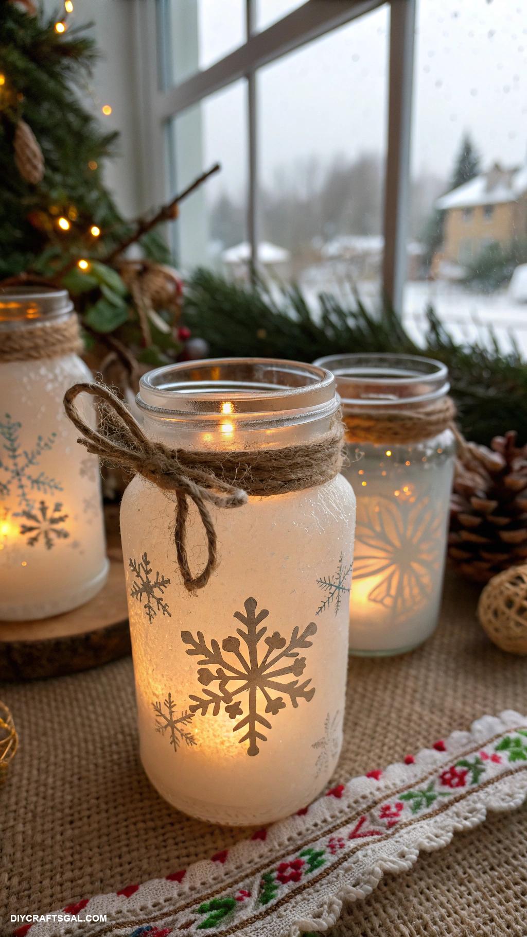 winter crafts for adults Upcycled glass jars as winter candle holders