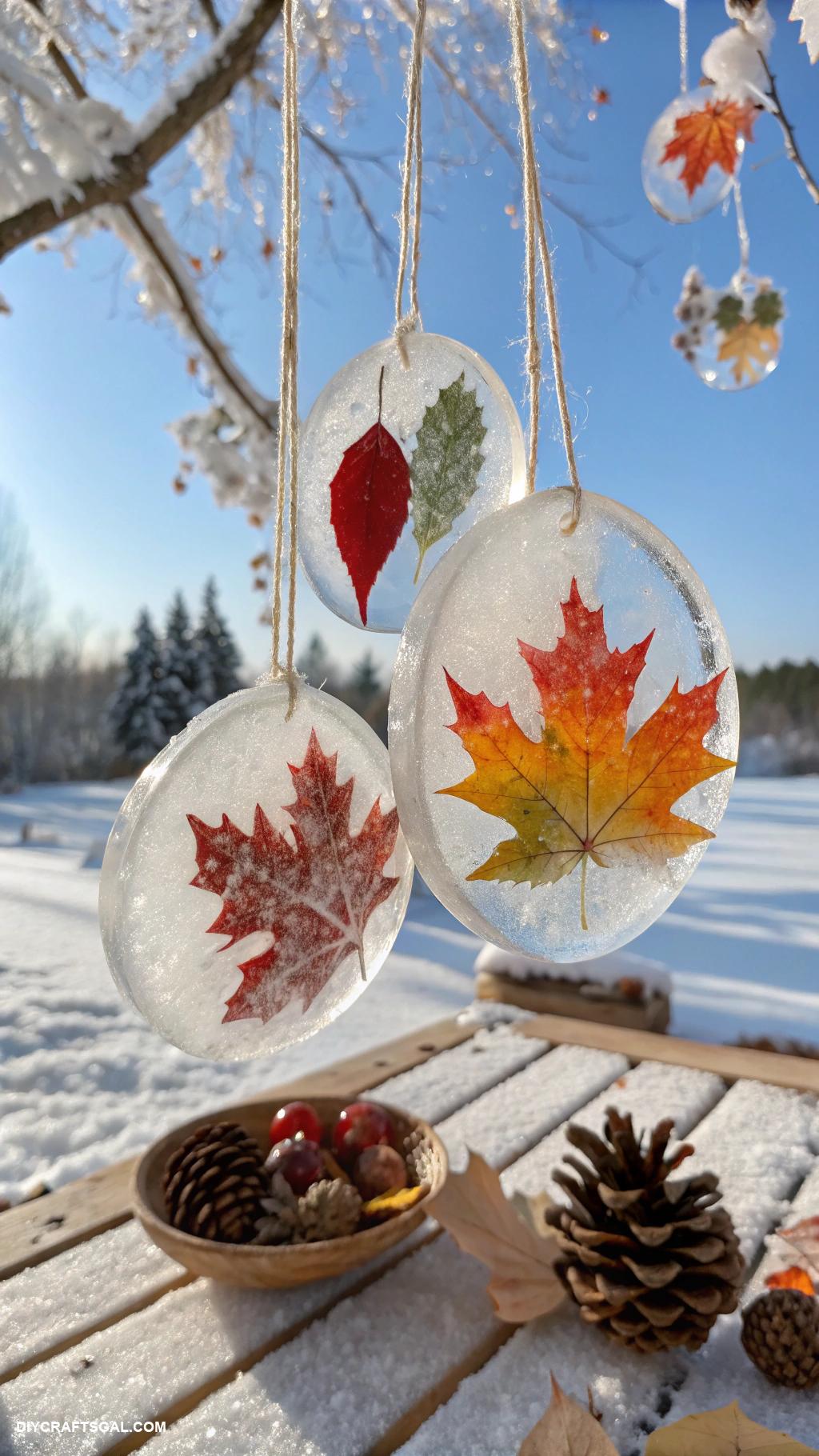 winter crafts for kids Ice ornaments with leaves