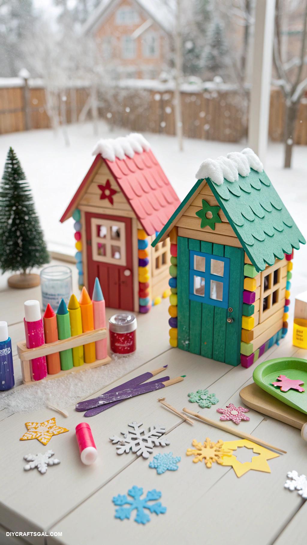 winter crafts for kids Popsicle stick cabin builds