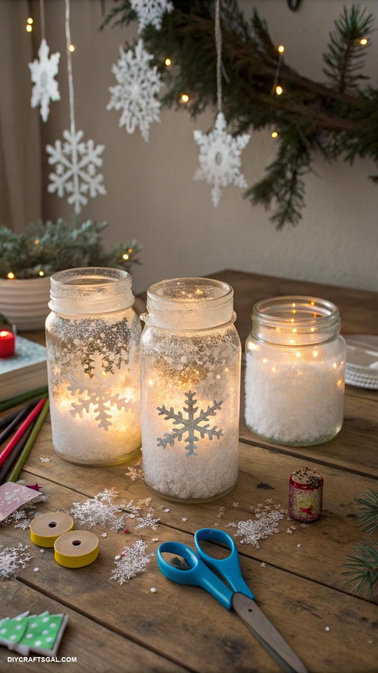 winter crafts for kids Snowy glass jar lanterns
