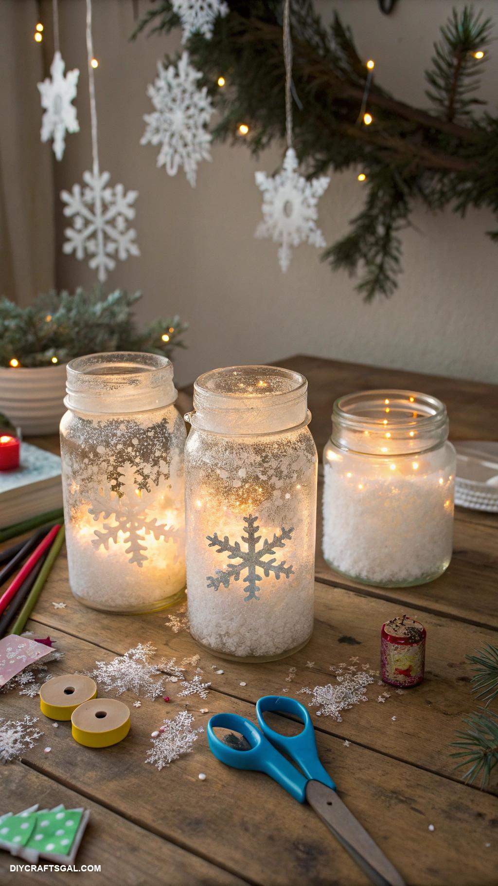 winter crafts for kids Snowy glass jar lanterns