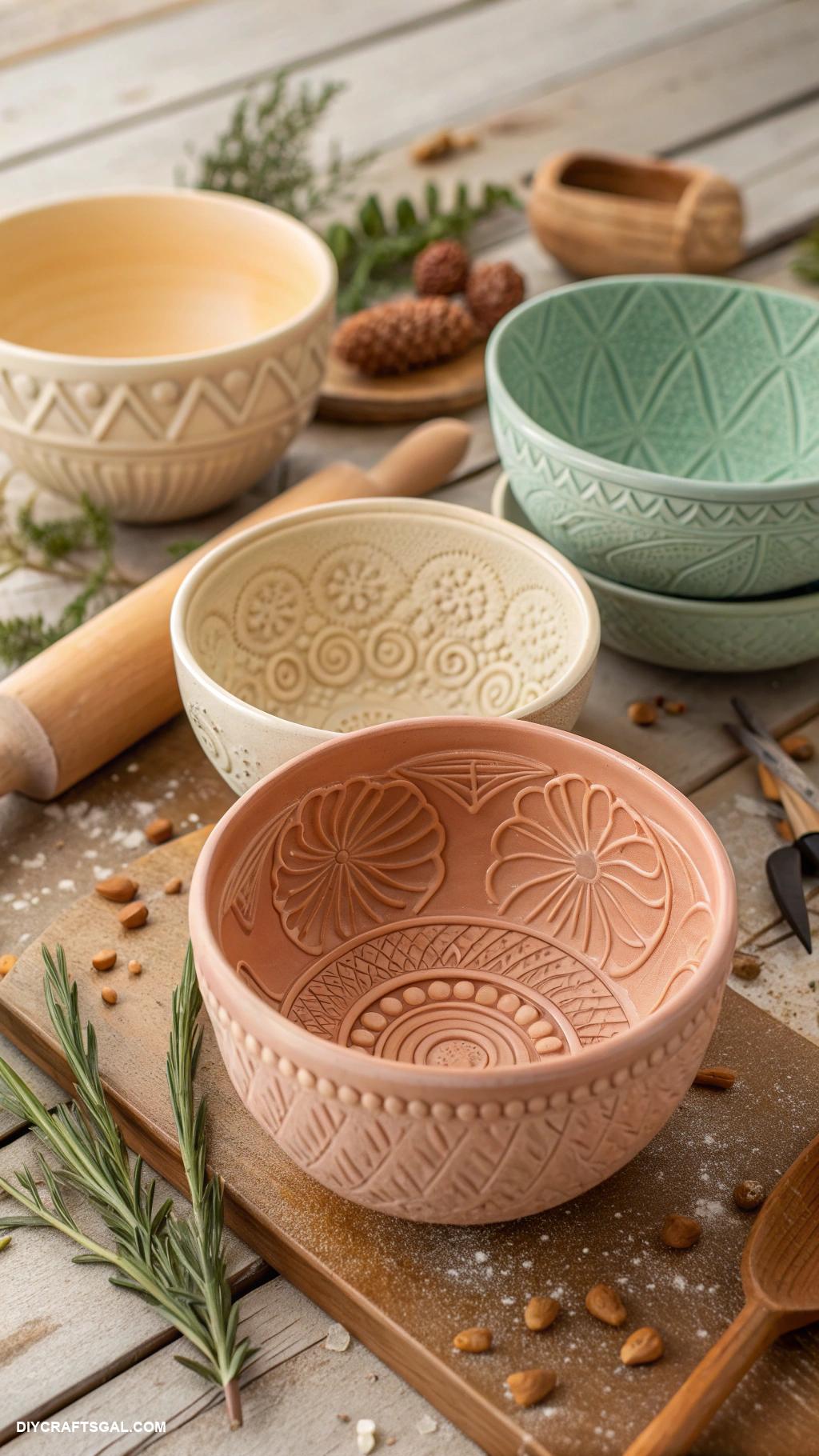 clay crafts Clay bowls with textured patterns
