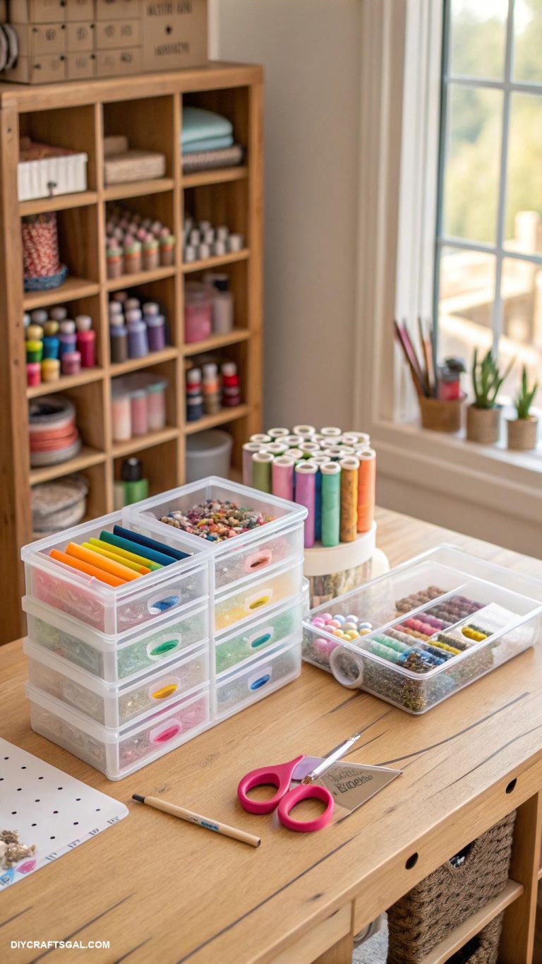 craft room organization Labelled containers for organized small parts