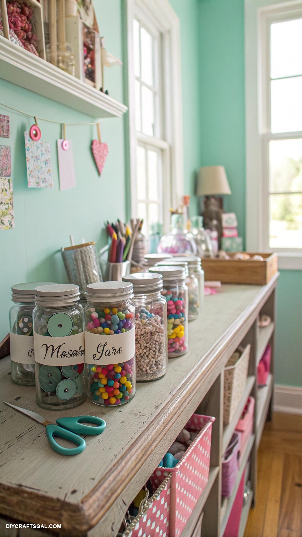craft room organization Mason jars for storing small supplies