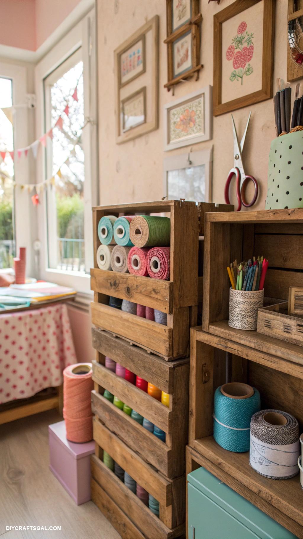 craft room organization Wood crates for rustic storage solution