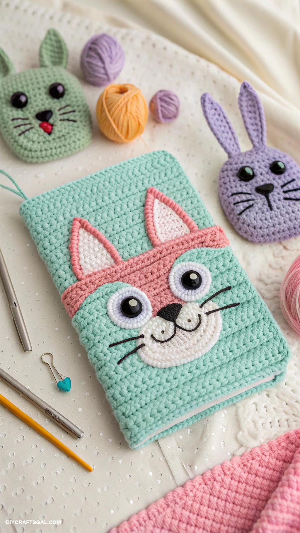 crochet book covers Animal Faces with Whimsical Features
