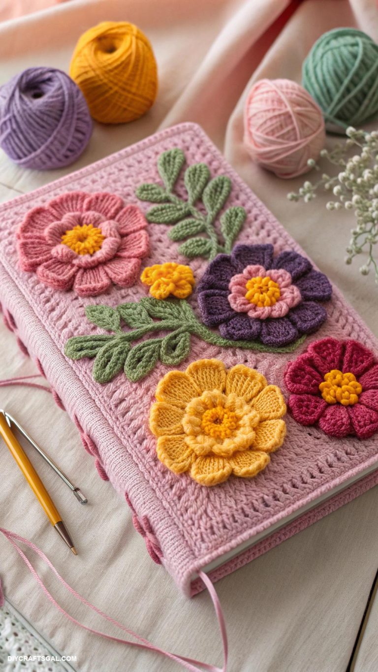 crochet book covers Floral Motif with 3D Blooms