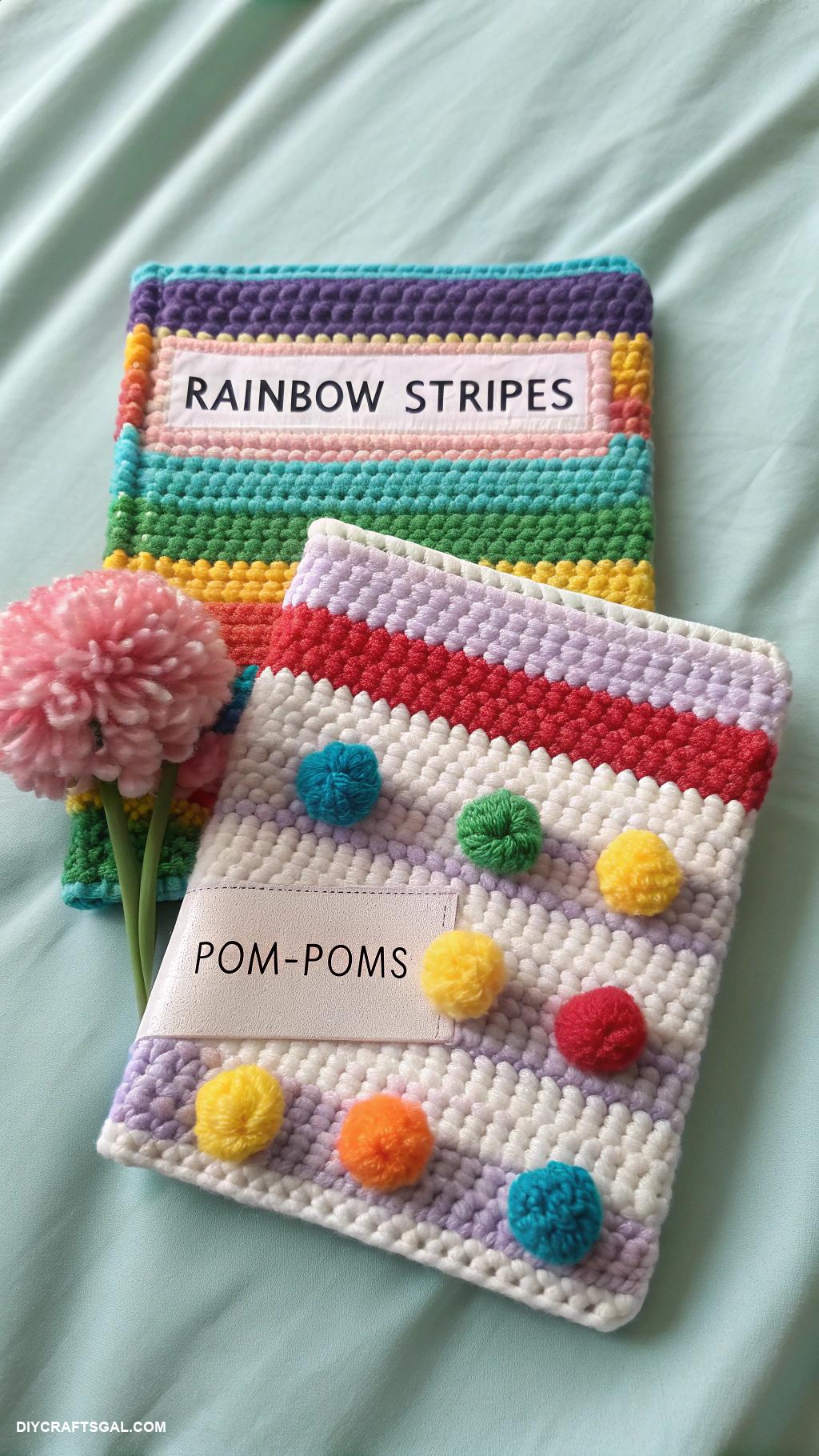 crochet book covers Rainbow Stripes and Pom Poms