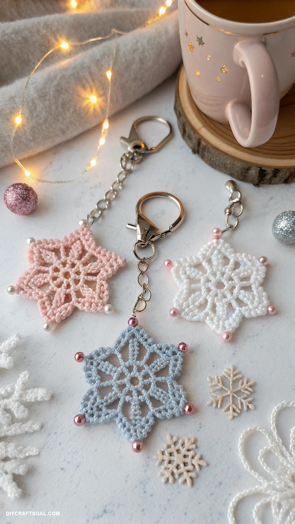 crochet snowflake ideas Snowflake keychains for winter themed accessories