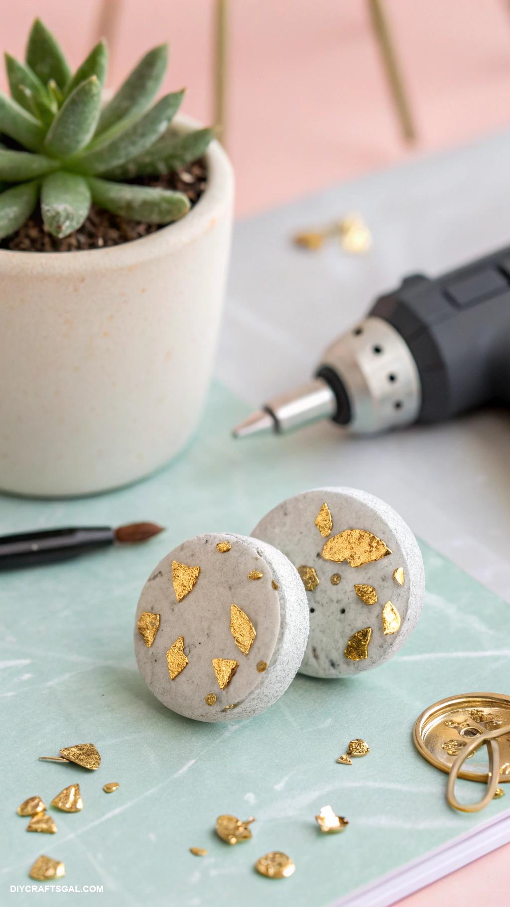 diy earrings ideas Concrete and gold leaf studs