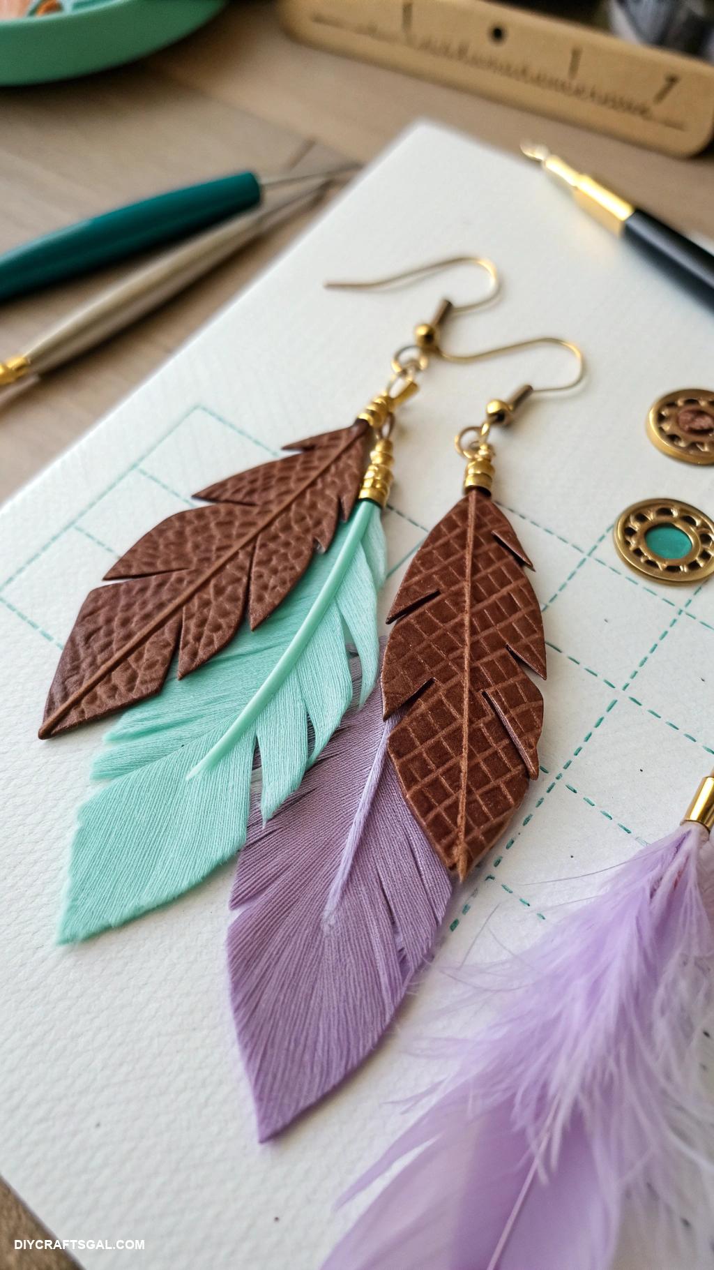diy earrings ideas Feather and leather combo drops