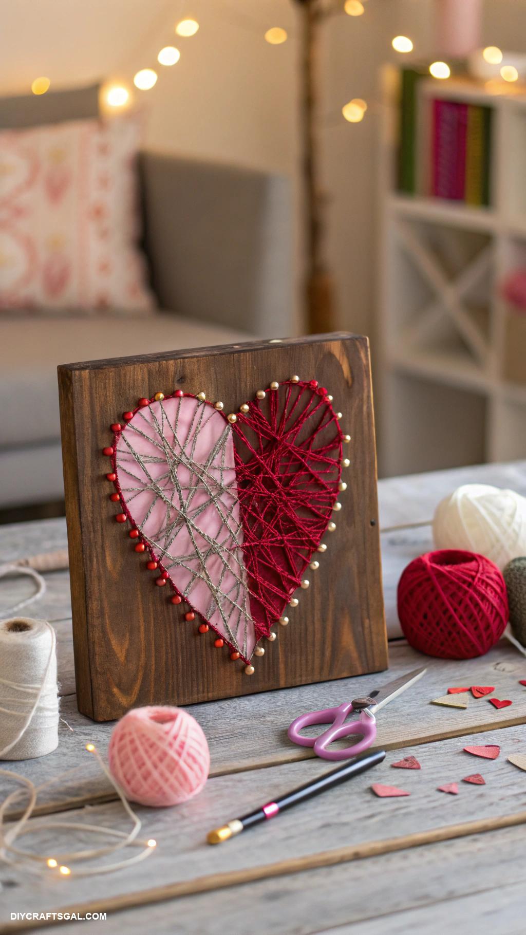 diy valentines day home decor Colorful string art on wooden board