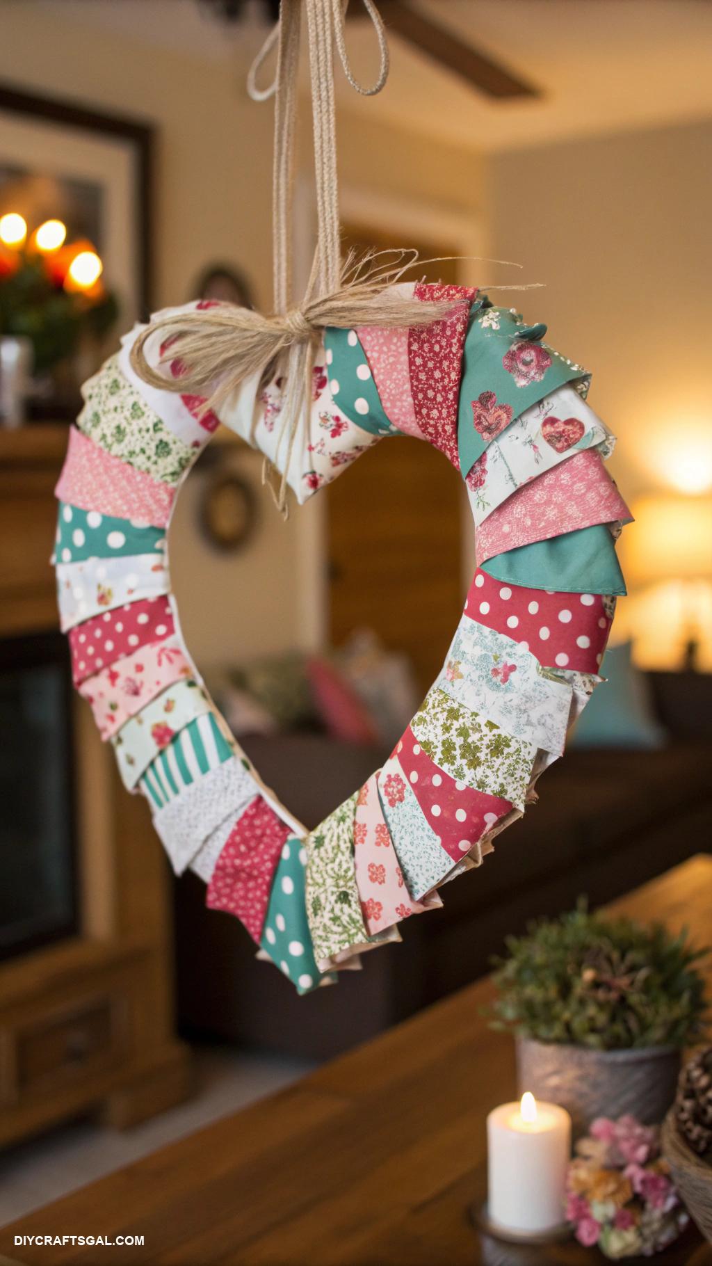 diy valentines day home decor Heart shaped wreath using fabric scraps
