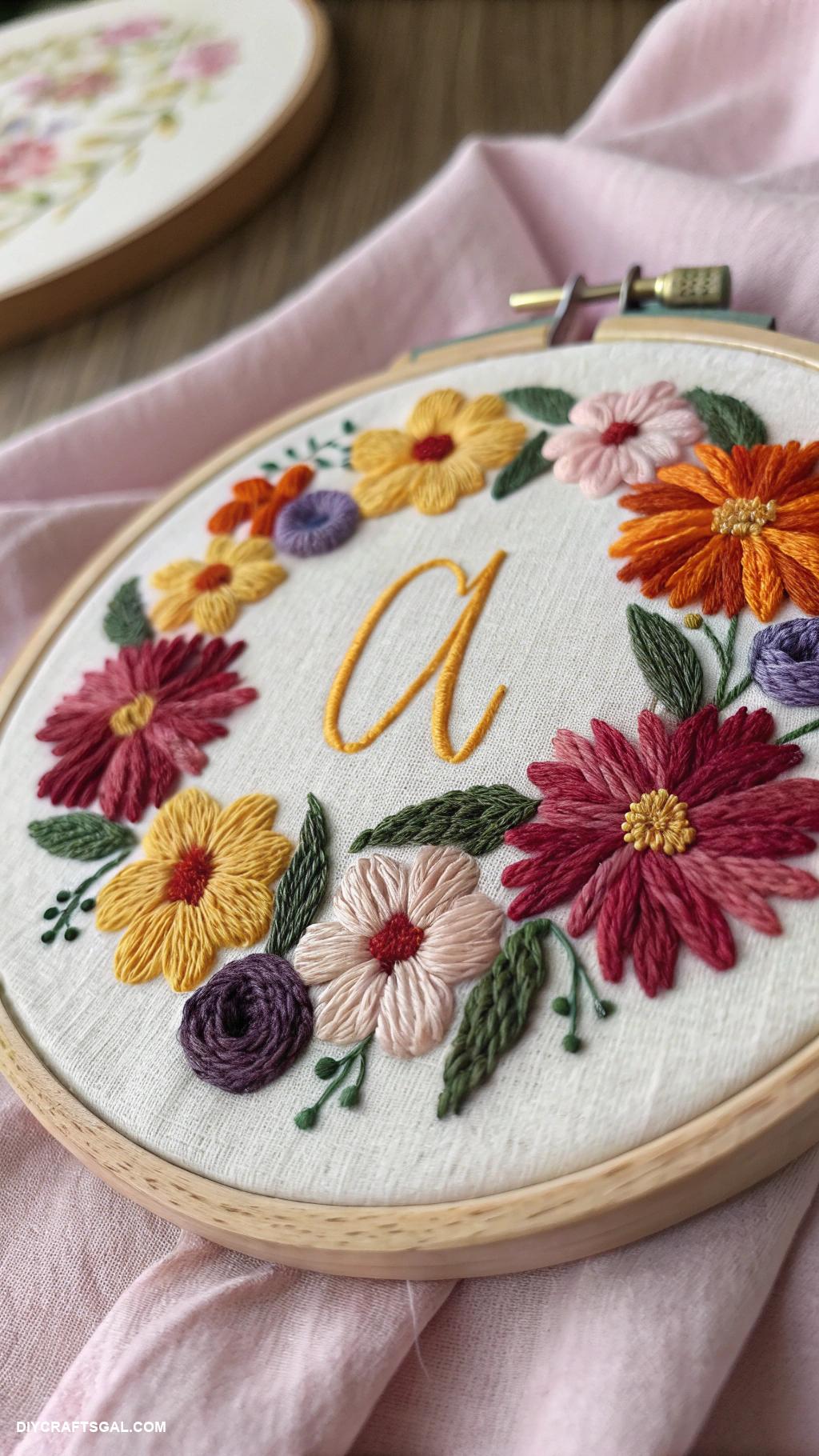 embroidery hoop art ideas Floral monogram with vibrant thread colors