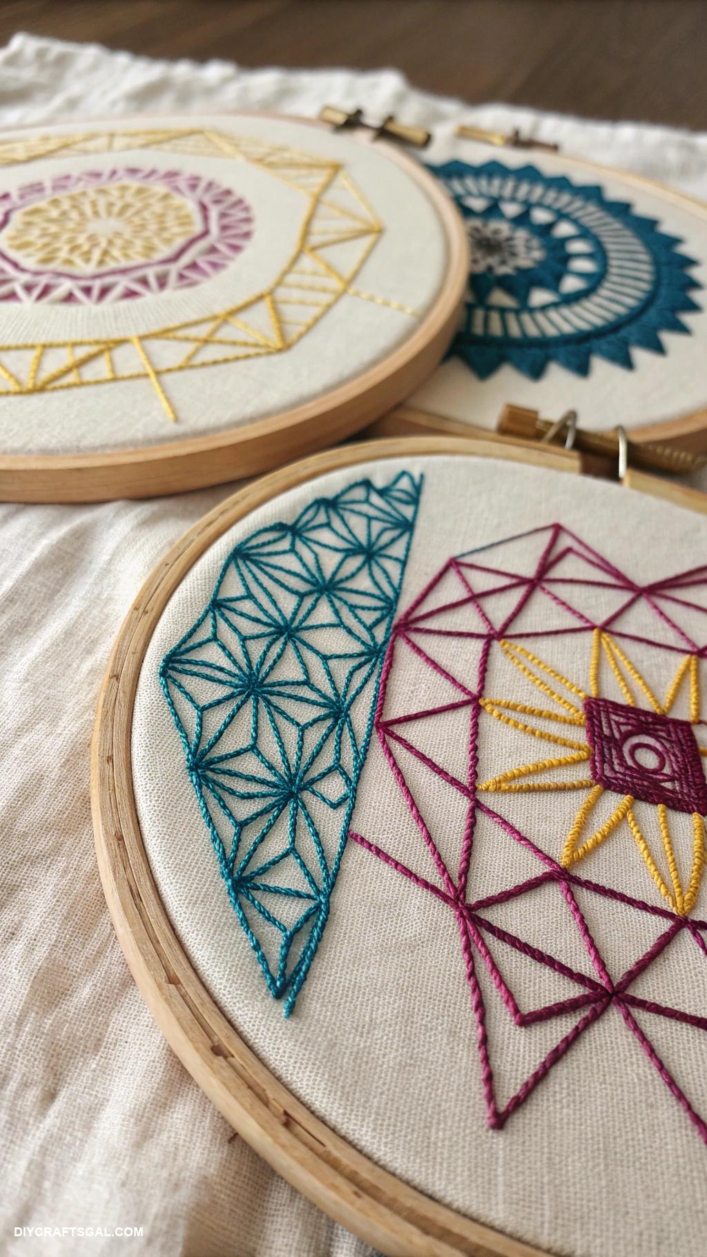 embroidery hoop art ideas Geometric patterns in contrasting thread colors