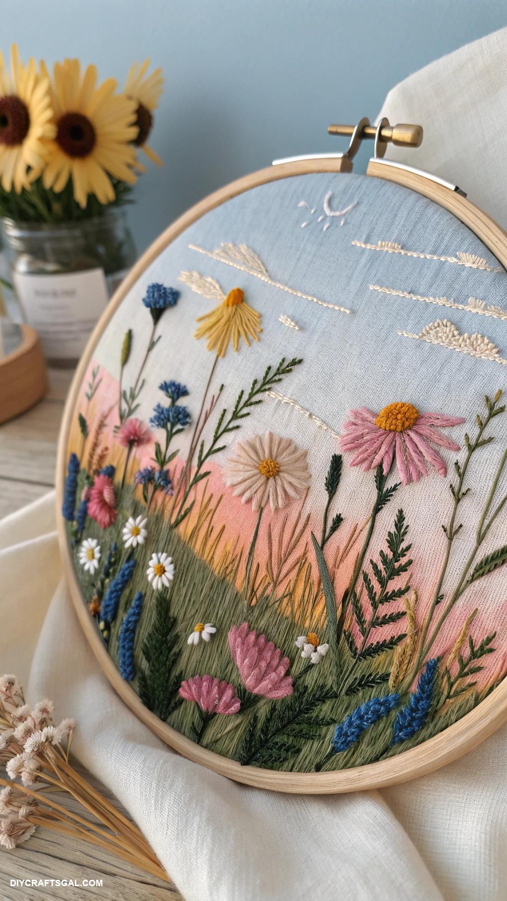 embroidery hoop art ideas Nature scene with layered fabric textures