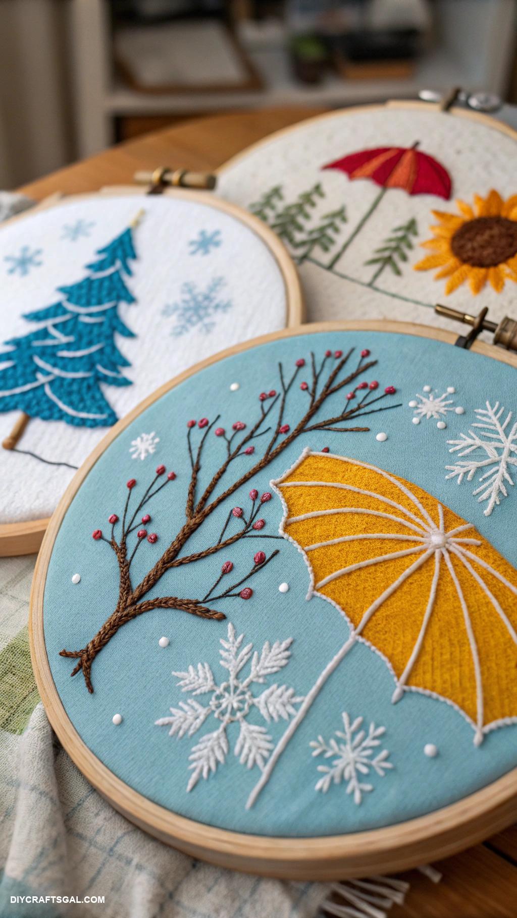 embroidery hoop art ideas Seasonal themes like winter or summer designs