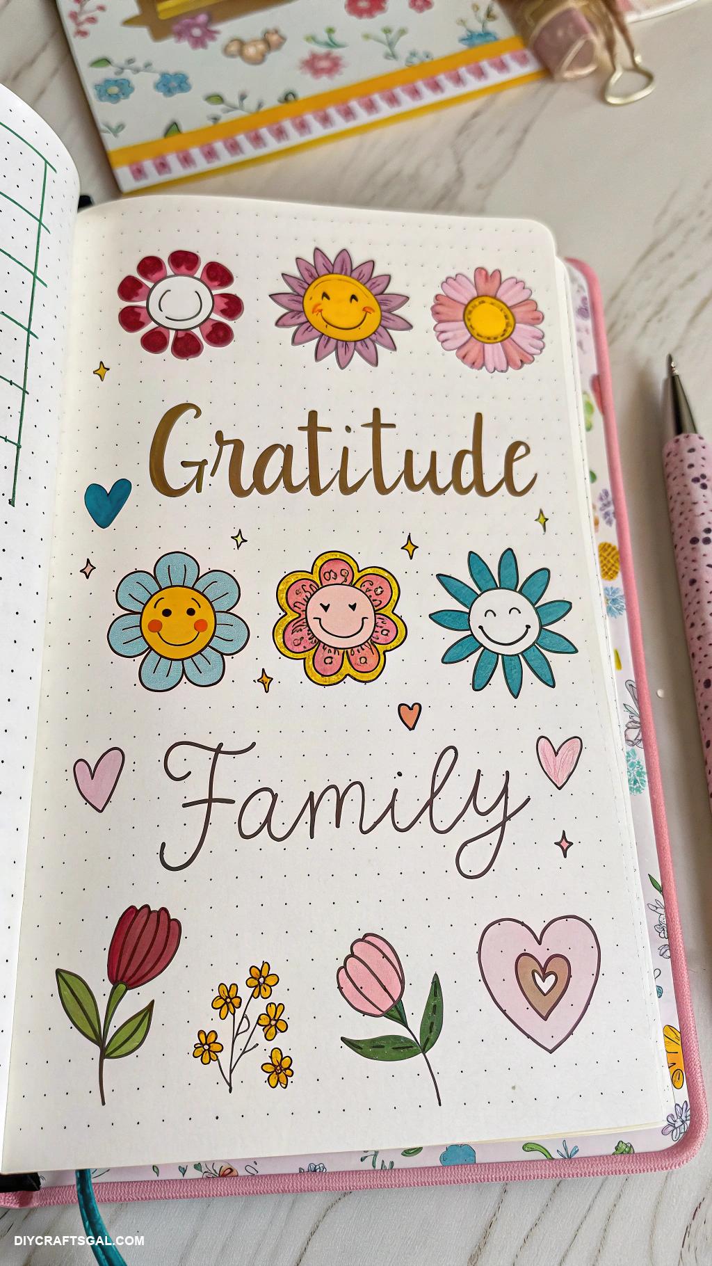 gratitude journal layout Bullet journal style with colorful icons