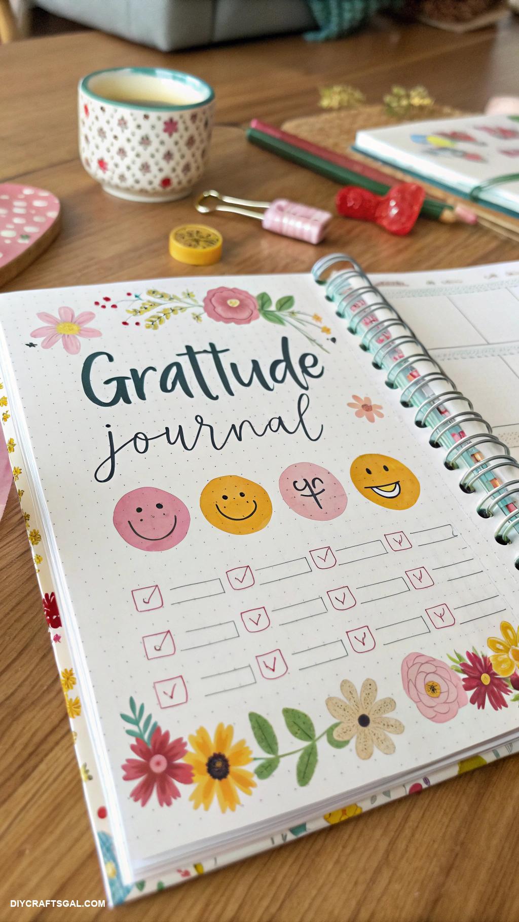 gratitude journal layout Mood tracker alongside gratitude entries