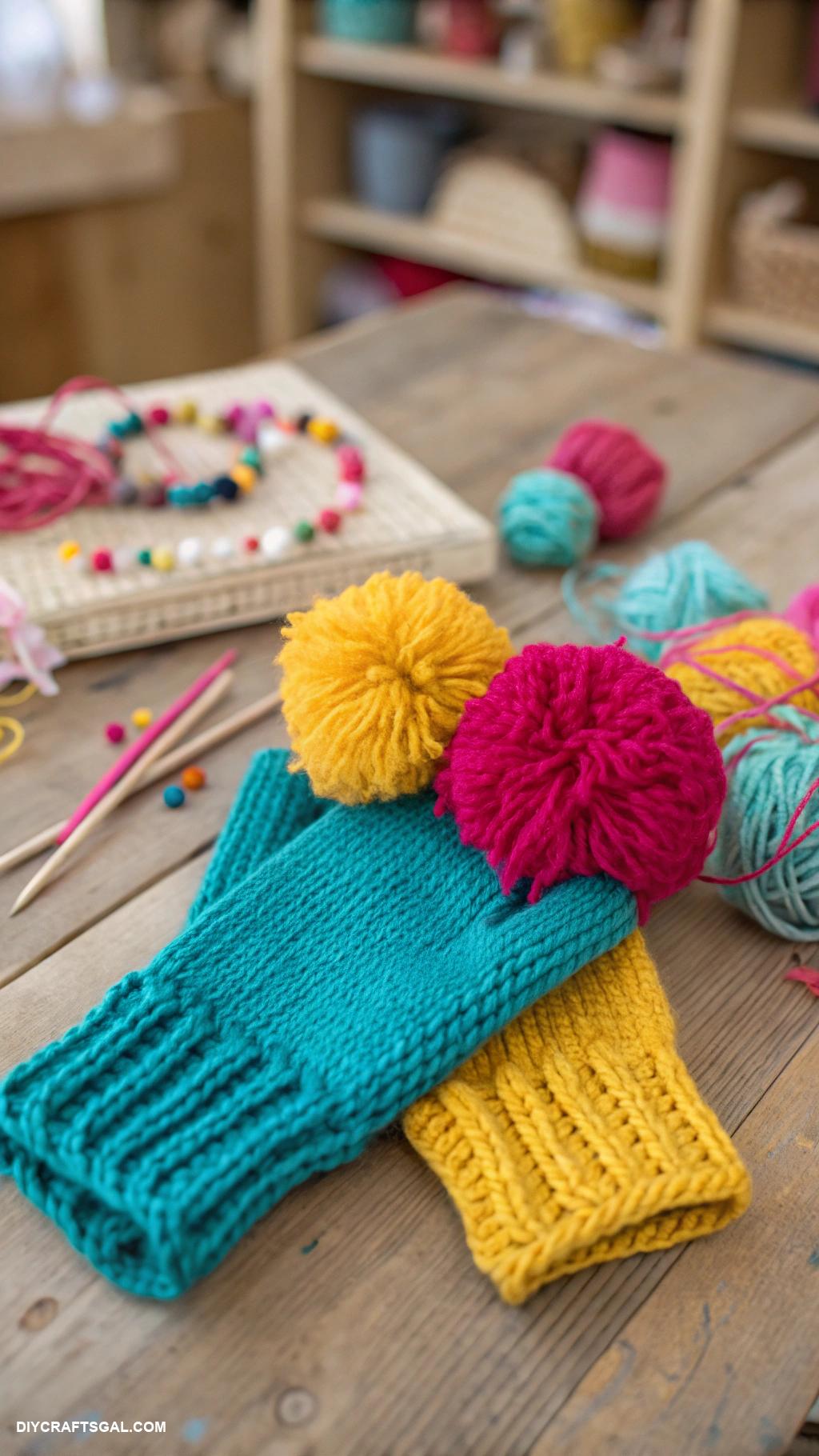 knitted gloves Colorful fingerless gloves with pom poms