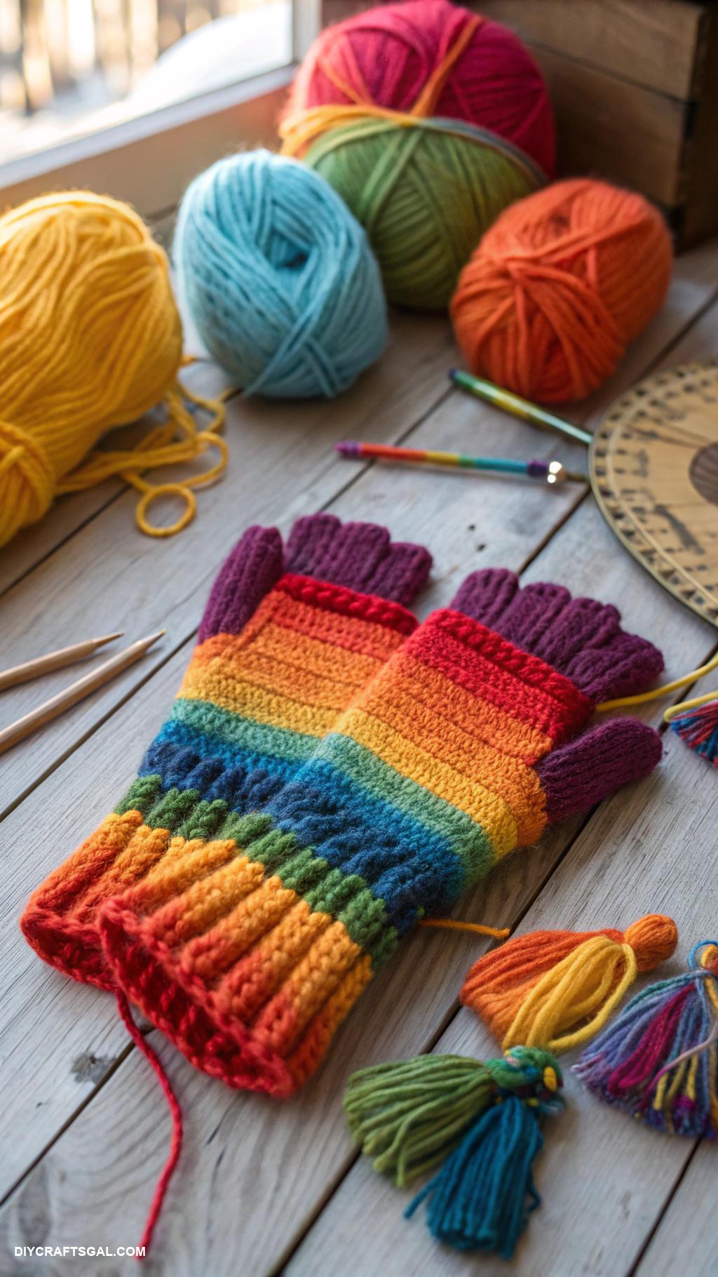 knitted gloves Rainbow gradient gloves with tassels