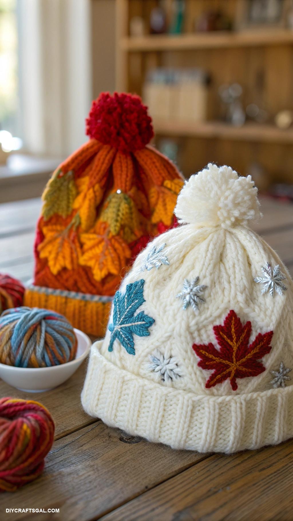 knitted hat ideas Seasonal themes like fall leaves and snowflakes
