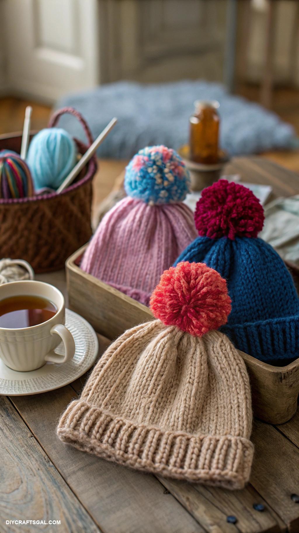 knitted hat ideas Slouchy hats with colorful pom poms