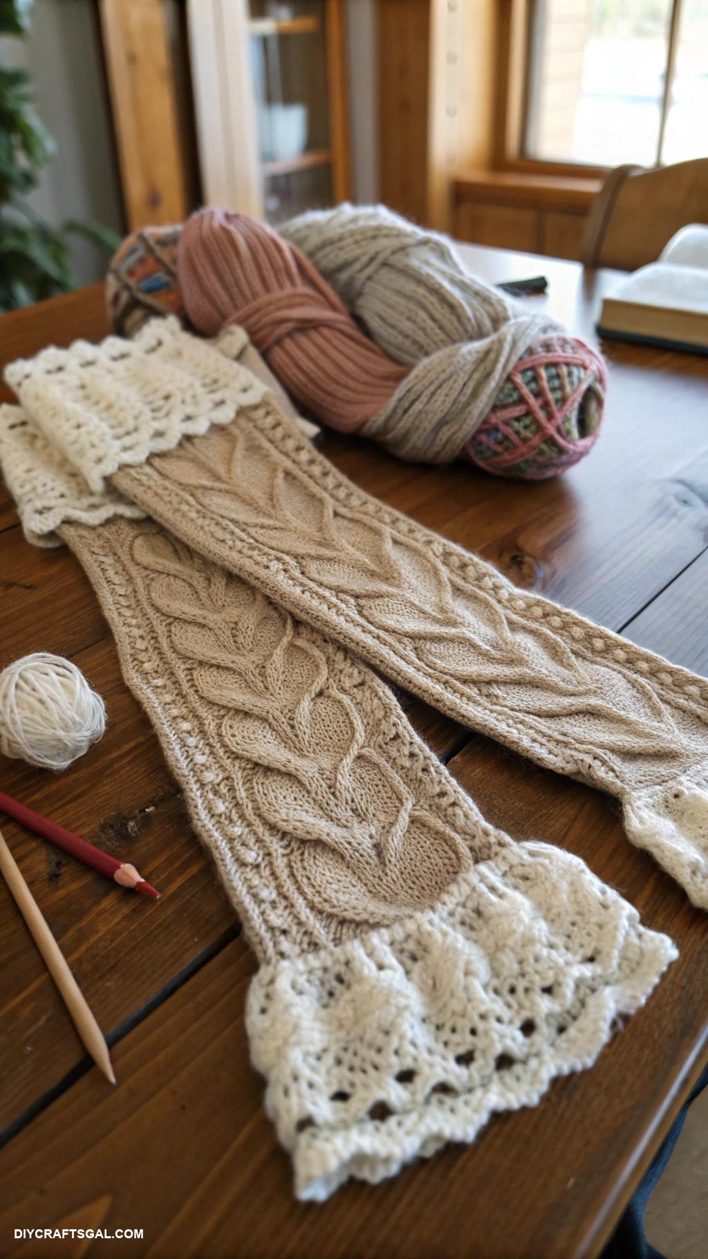 knitted leg warmers Cable knit leg warmers with lace trim