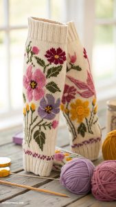 knitted leg warmers Floral patterned leg warmers with knitted flowers