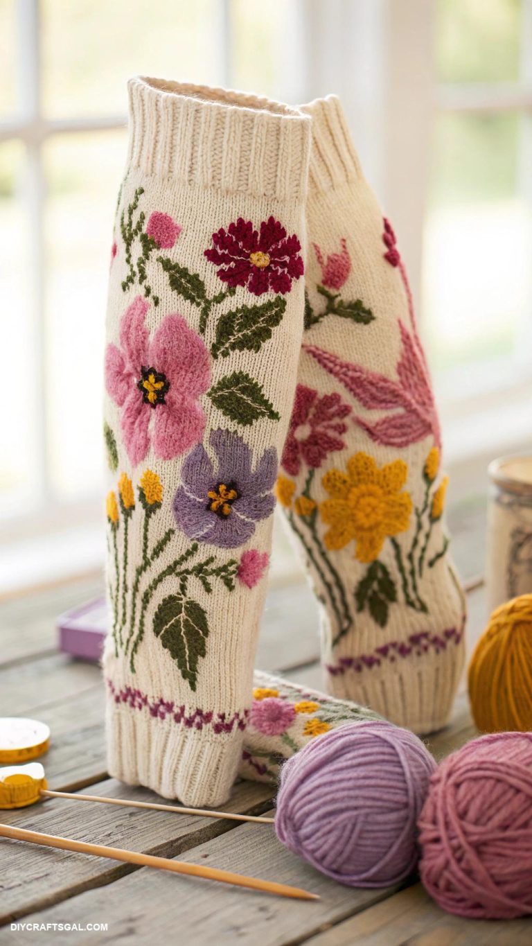 knitted leg warmers Floral patterned leg warmers with knitted flowers