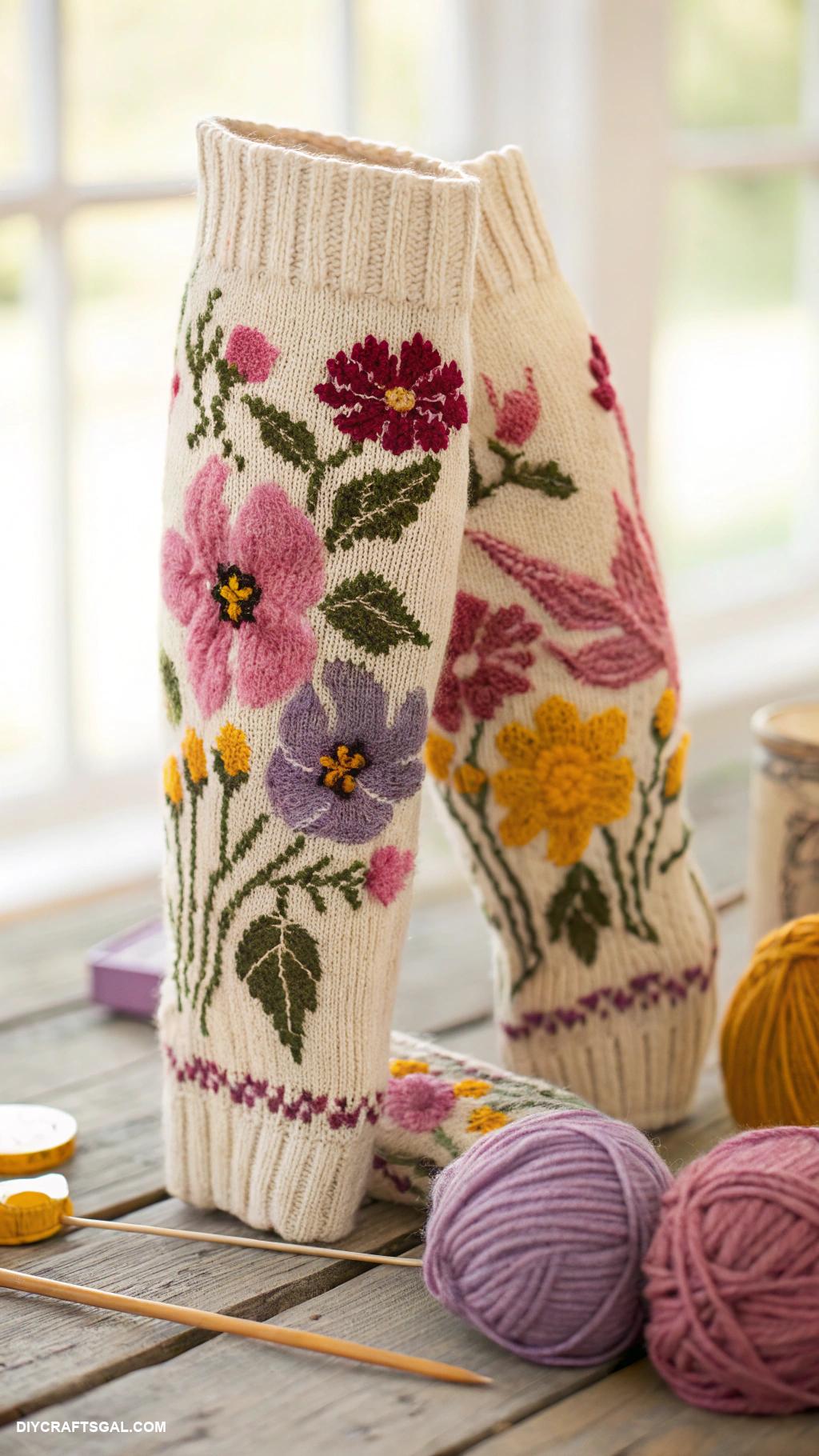 knitted leg warmers Floral patterned leg warmers with knitted flowers