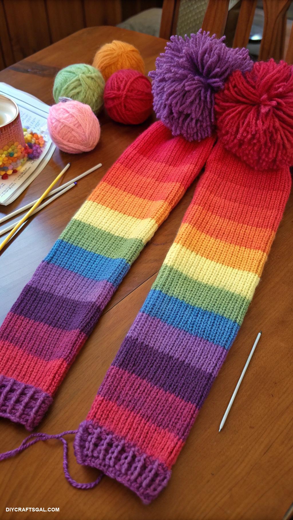 knitted leg warmers Rainbow striped leg warmers with pom poms