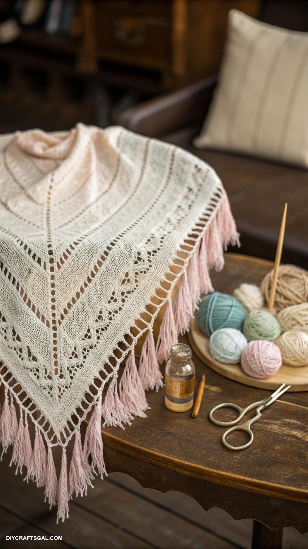 knitted scarf ideas Fringed lace patterned lightweight shawl