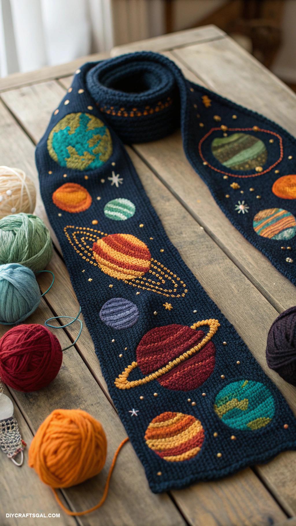 knitted scarf ideas Solar system themed knitted scarf