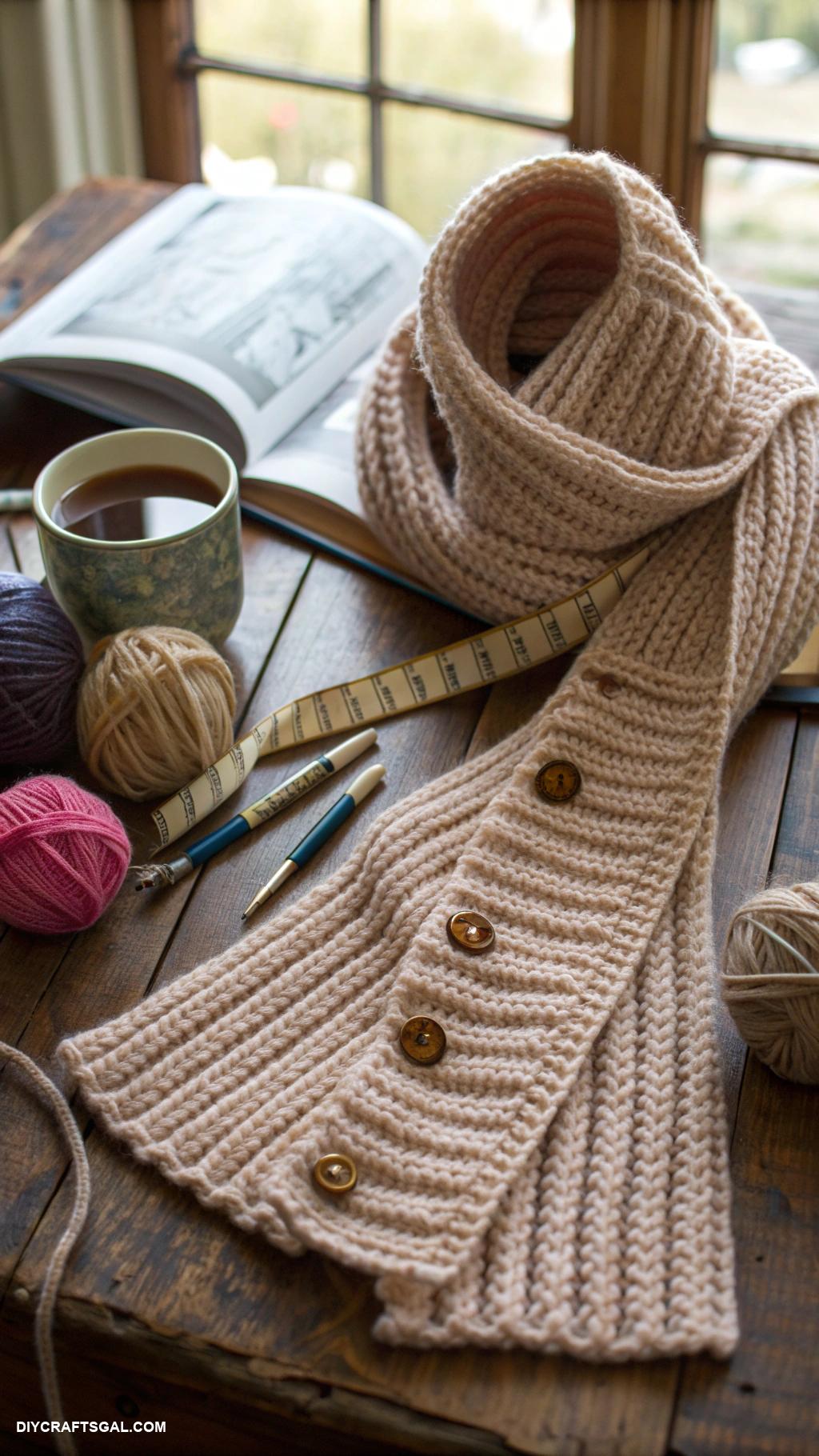 knitted scarf ideas Textured ribbed scarf with button closure