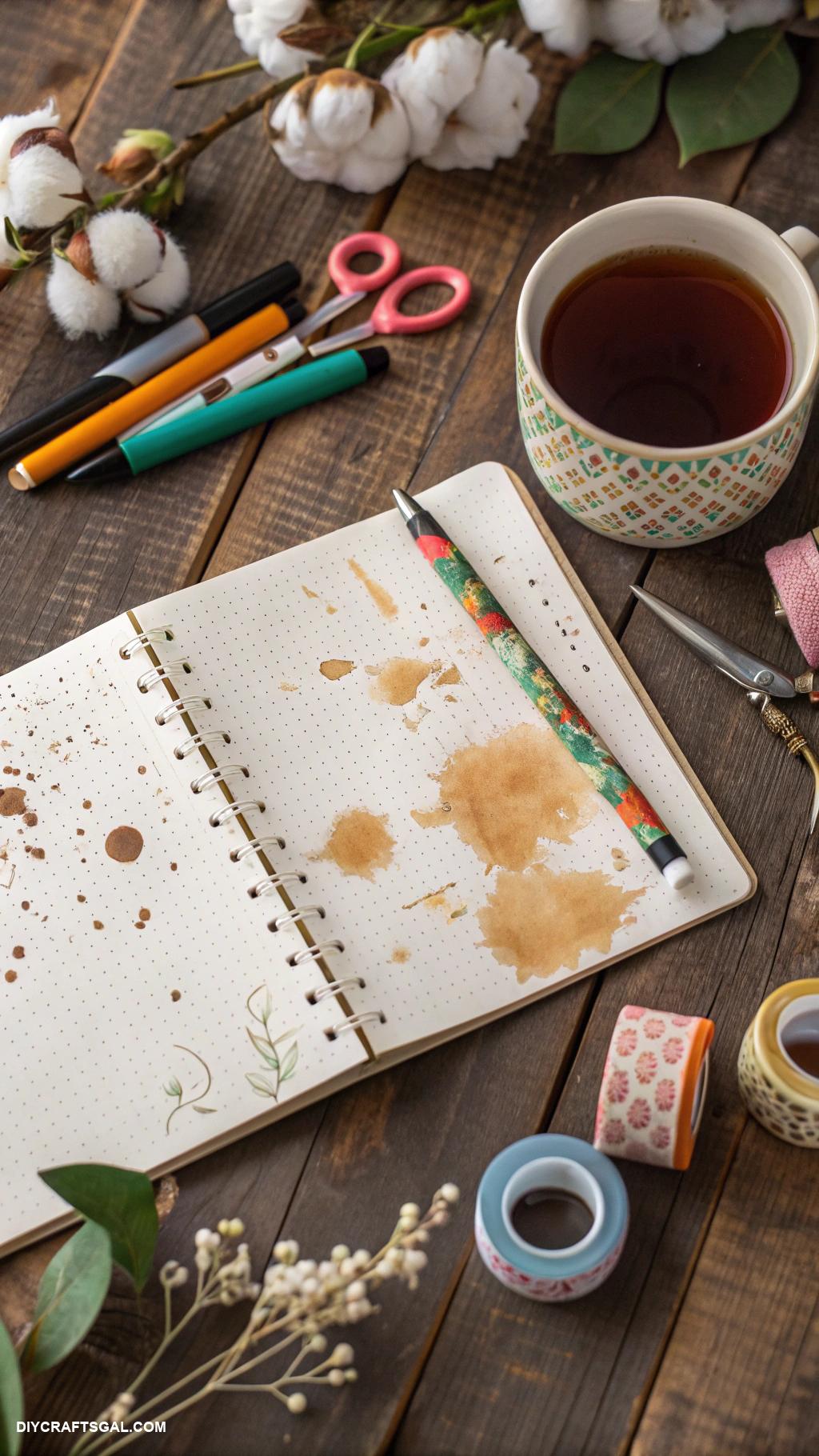 messy journal aesthetic Coffee and tea stained paper designs