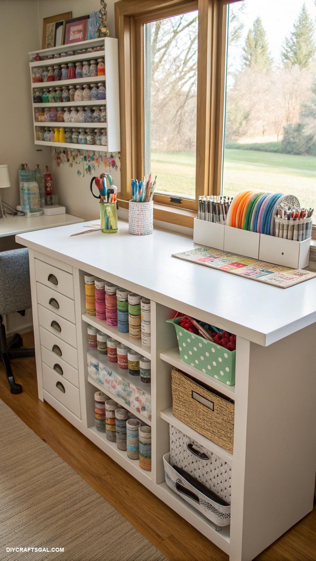 office craft room combo Craft table with hidden storage drawers