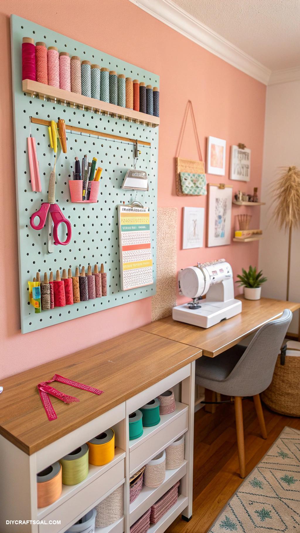 office craft room combo Wall mounted pegboard for craft supplies