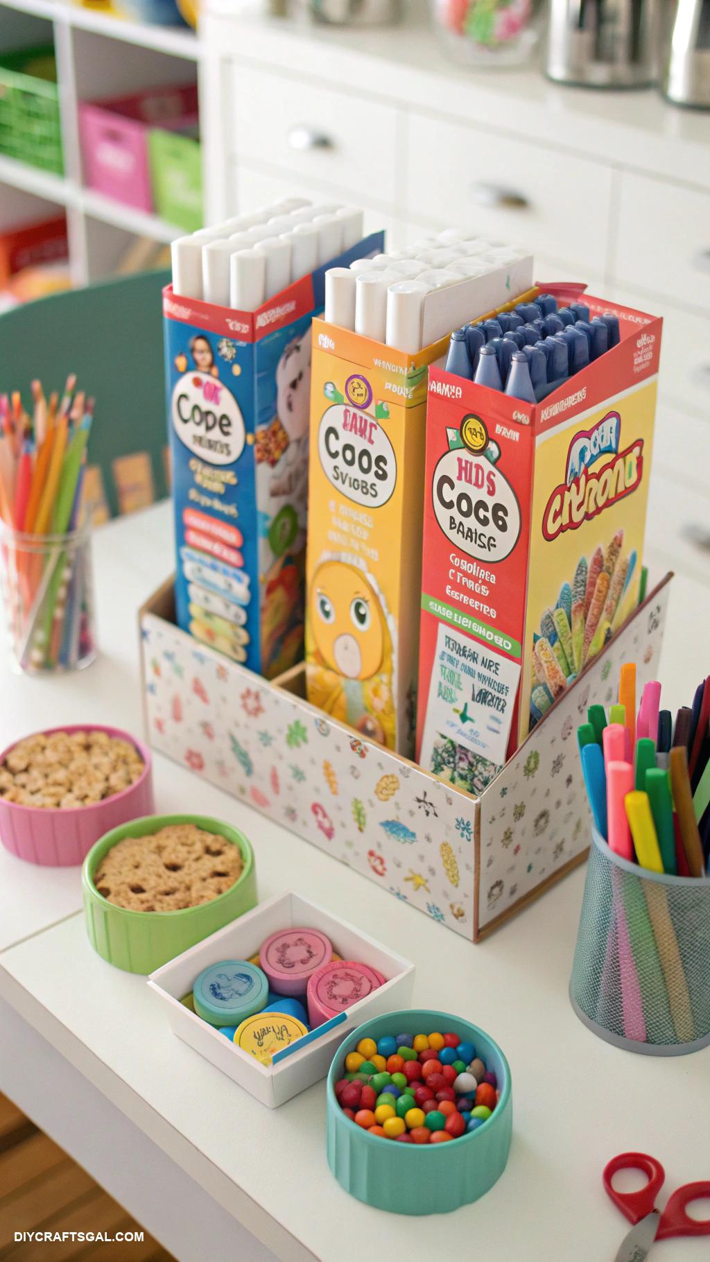 organizing kids craft supplies Cereal boxes for drawing paper storage