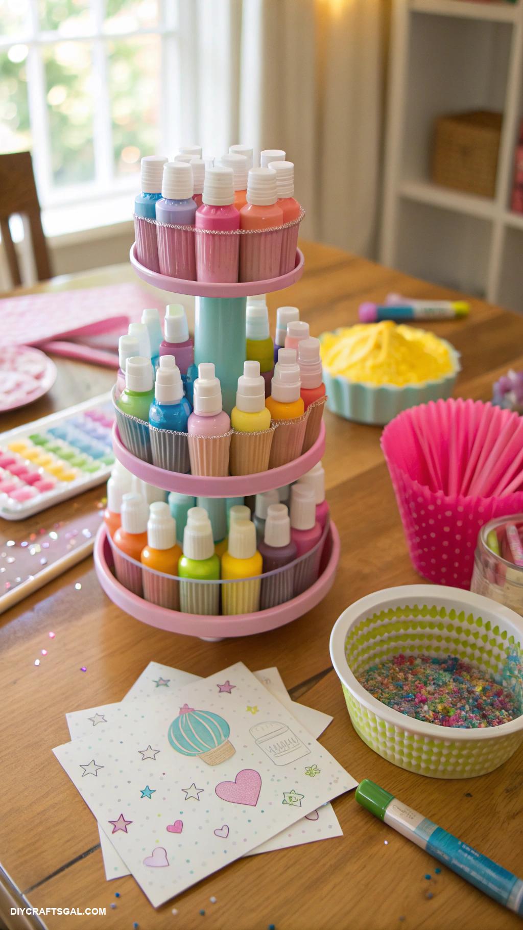 organizing kids craft supplies Cupcake towers for paint and markers display