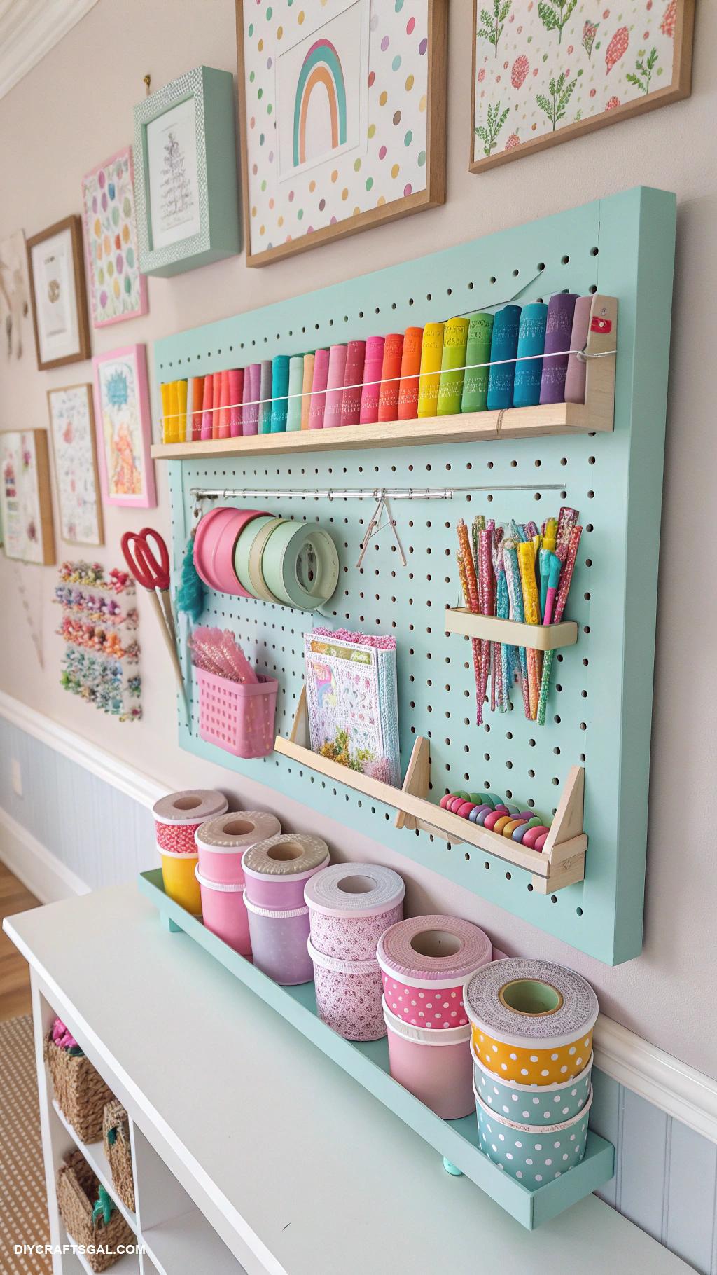 organizing kids craft supplies Pegboard wall for hanging tools and materials