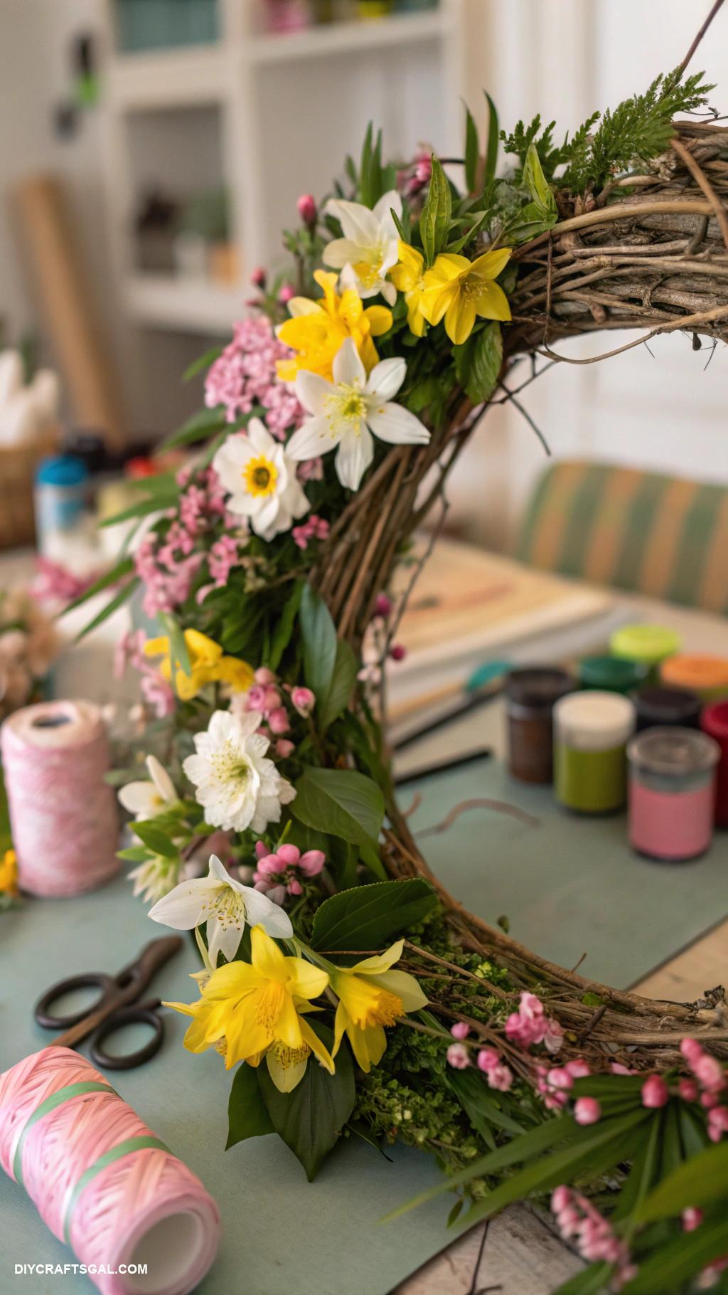 spring crafts Colorful spring wreaths with fresh blossoms