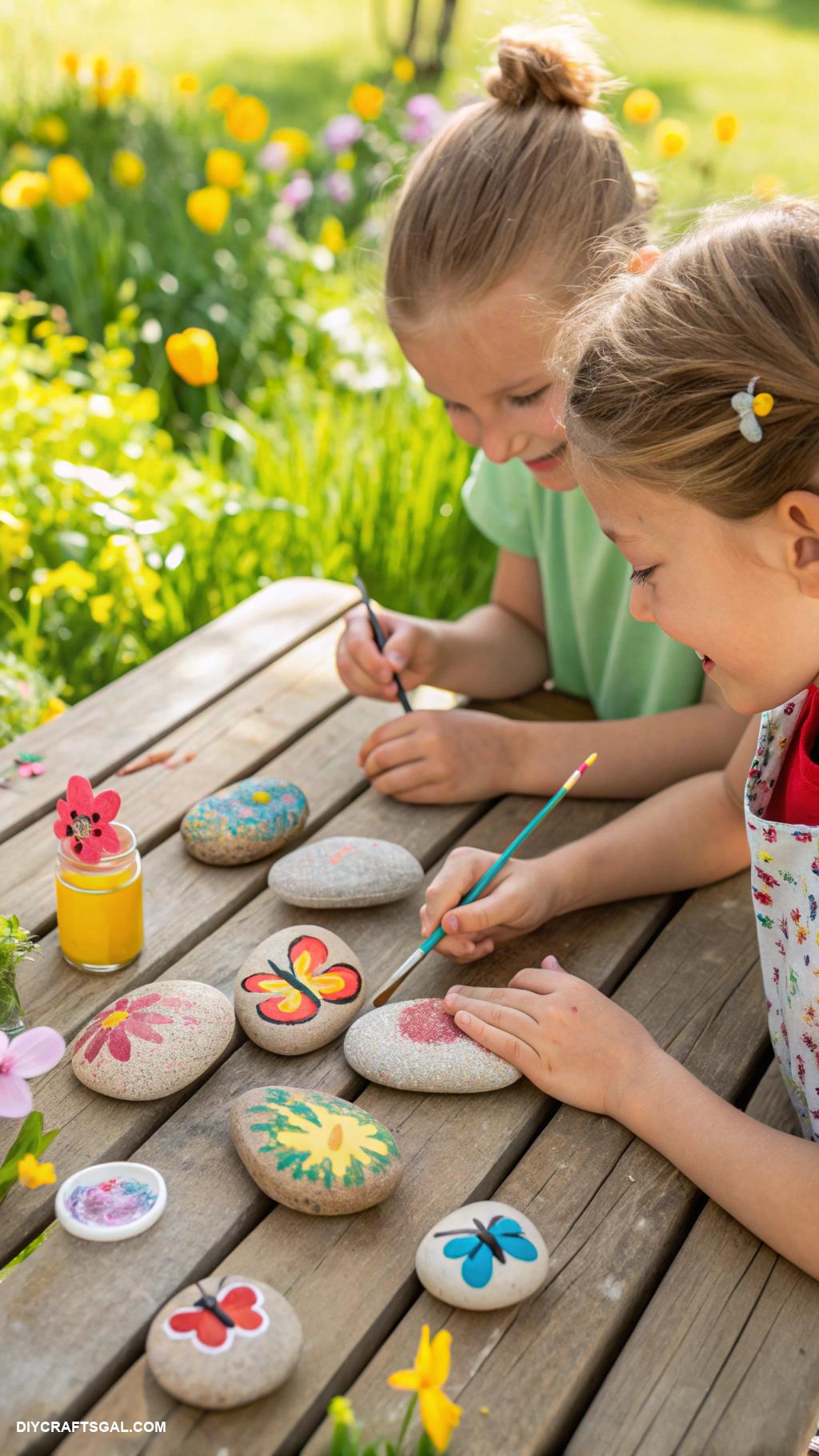 spring crafts Nature inspired stone painting with kids